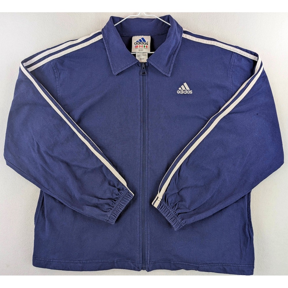 Vintage 90s Adidas Track Jacket Men's L Navy 100% Cotton 3 Stripe Full Zip